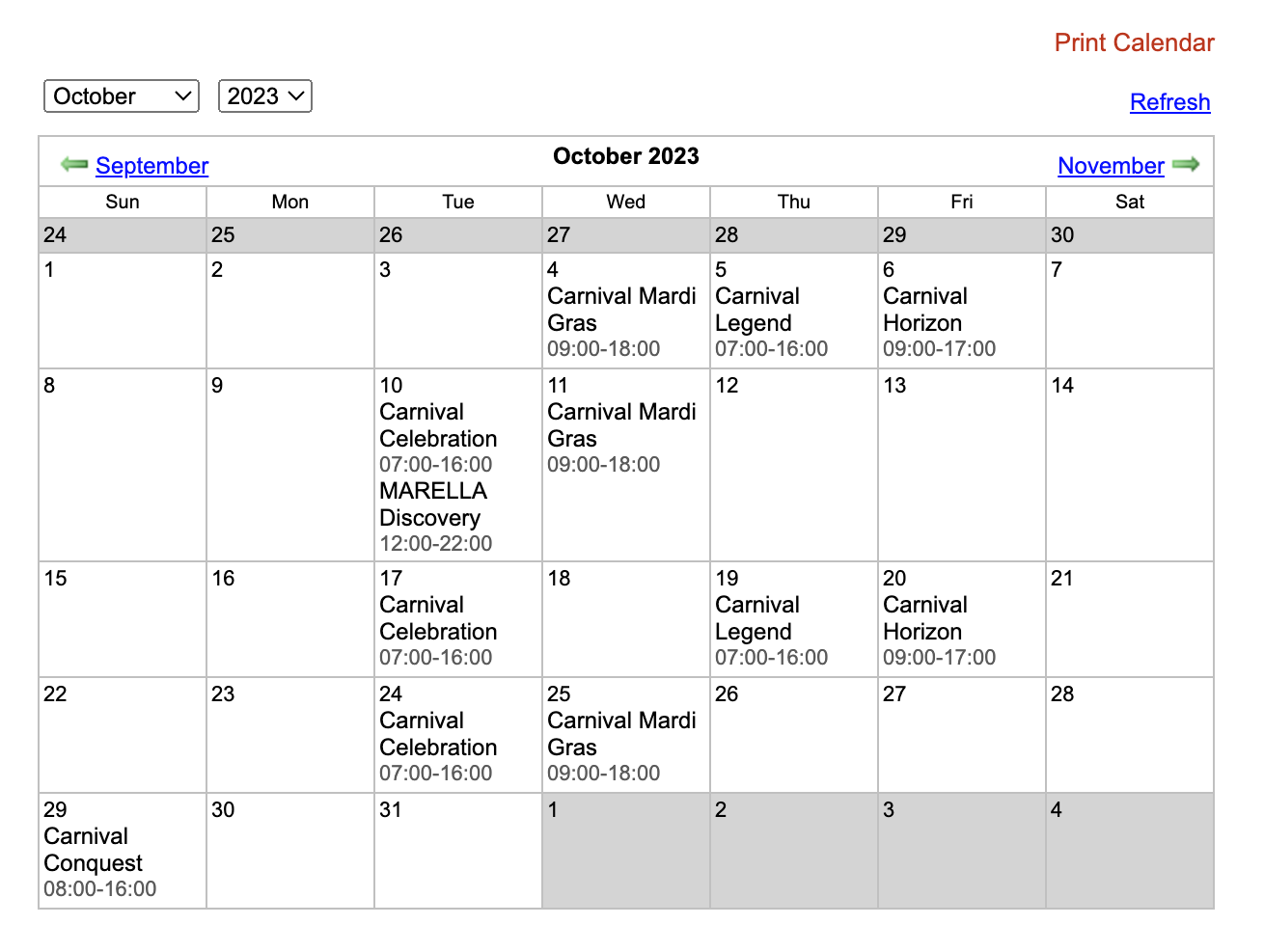 October Schedule