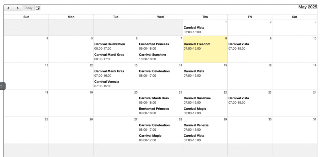 May 2025 Amber Cove schedule