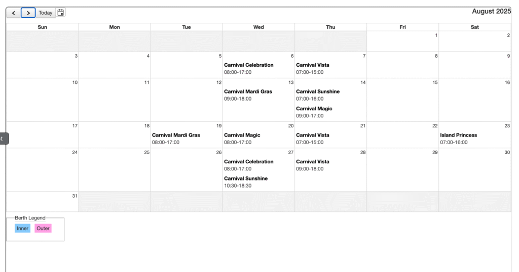 August 2025 Amber Cove schedule