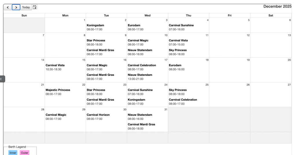 December 2025 Amber Cove schedule