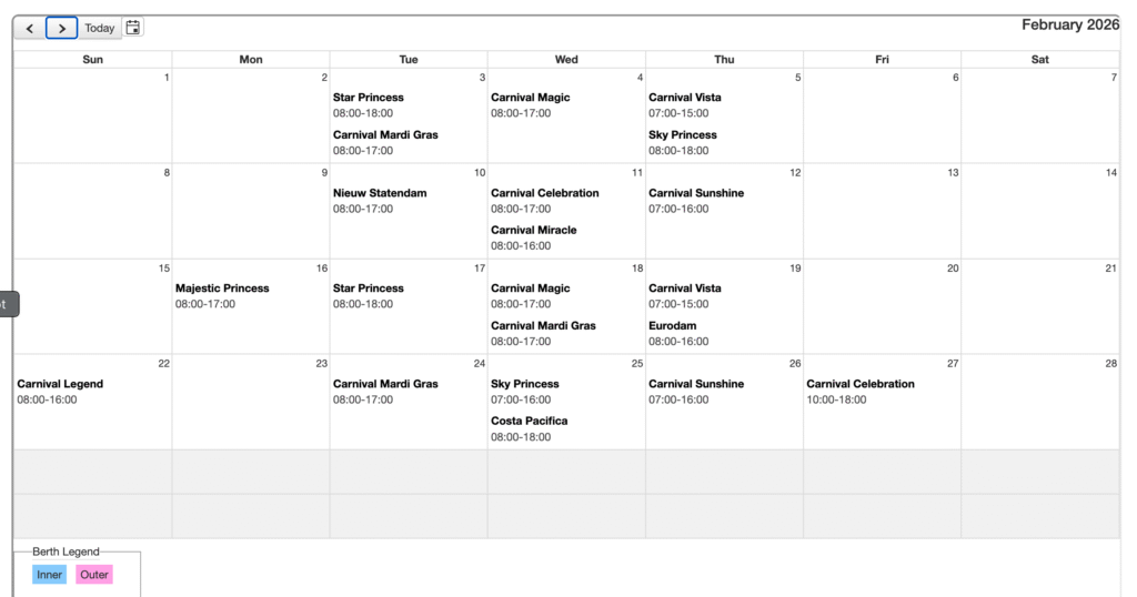 February 2026 Amber Cove schedule