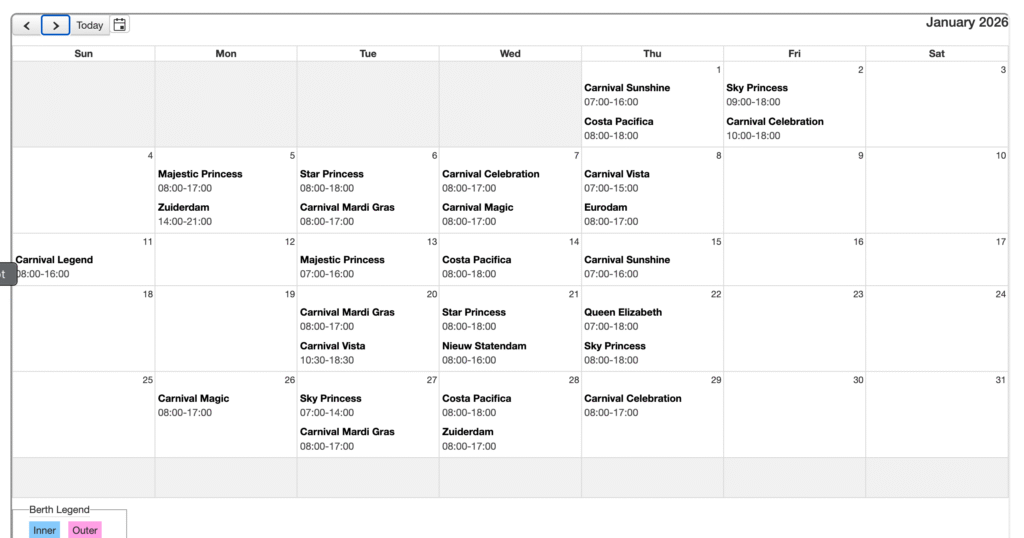 January 2026 Amber Cove schedule