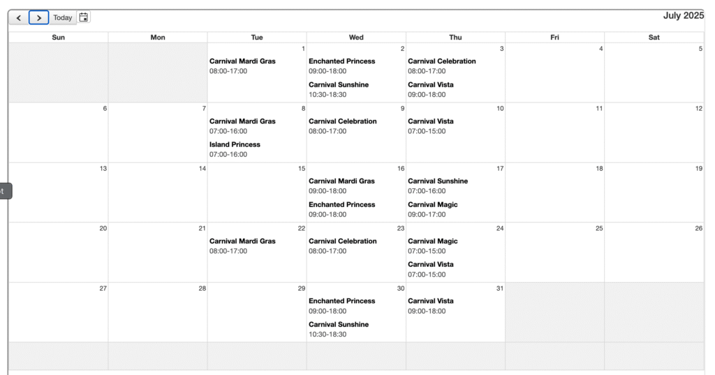 July 2025 Amber Cove schedule