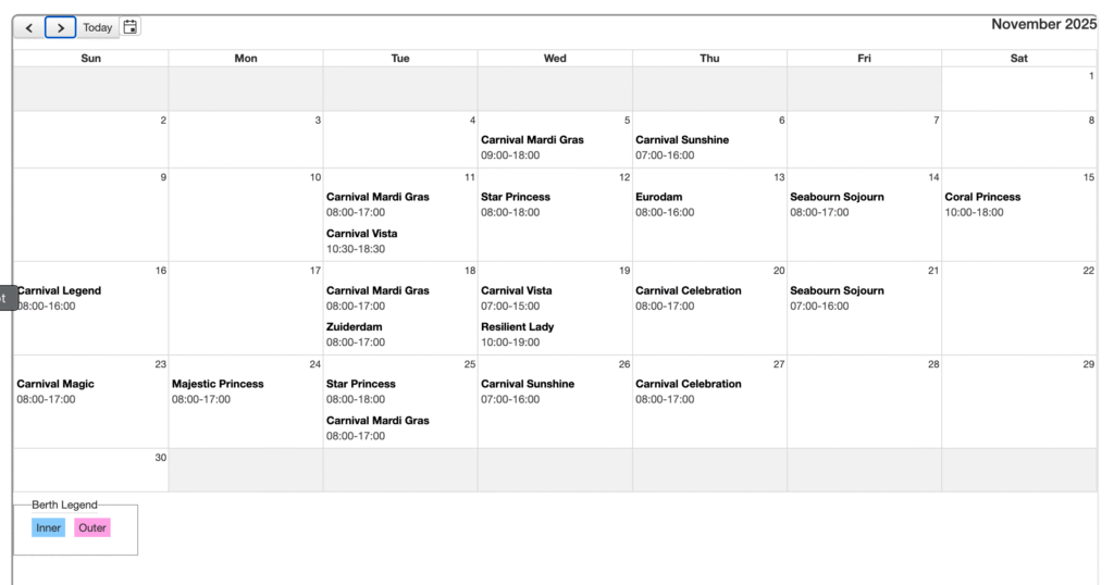 November 2025 Amber Cove schedule