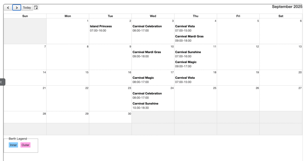 September 2025 Amber Cove schedule
